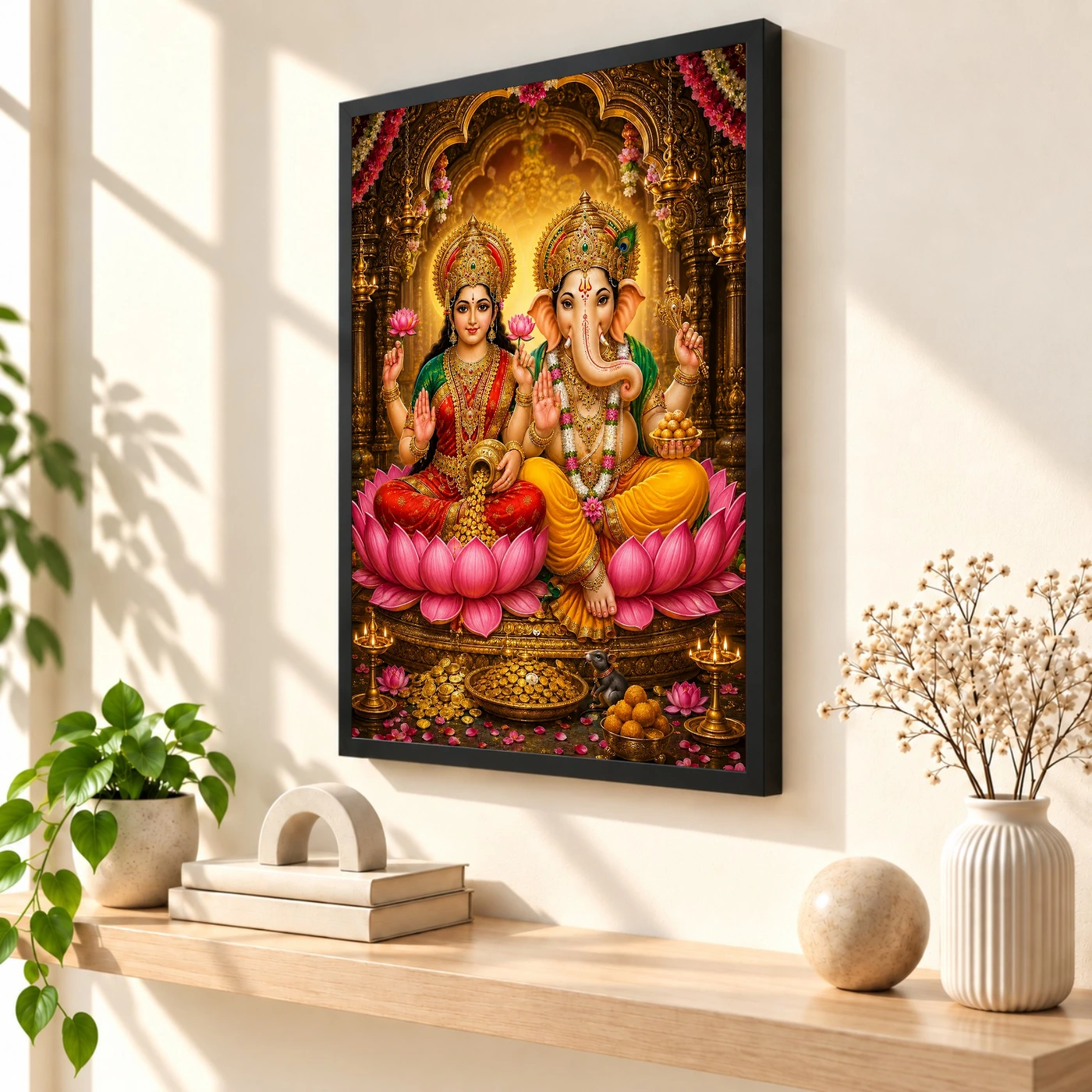 Lakshmi Ganesha Peaceful Home Mandir Composition Photo Frame 2 Lakshmi Ganesha Peaceful Home Mandir Composition Photo Frame — black frame console