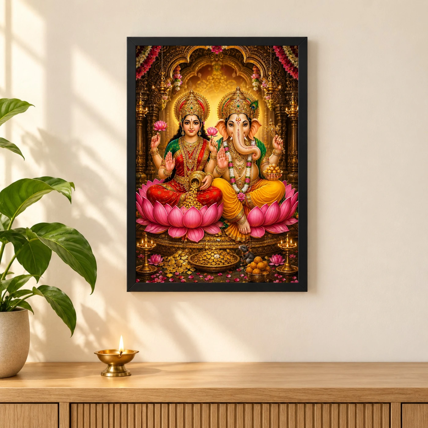 Lakshmi Ganesha Peaceful Home Mandir Composition Photo Frame 3 Lakshmi Ganesha Peaceful Home Mandir Composition Photo Frame — black frame pooja shelf