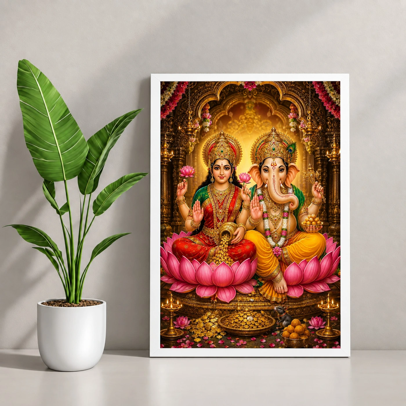 Lakshmi Ganesha Peaceful Home Mandir Composition Photo Frame 4 Lakshmi Ganesha Peaceful Home Mandir Composition Photo Frame — white frame console