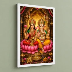 Lakshmi Ganesha Peaceful Home Mandir Composition Photo Frame 13 Lakshmi Ganesha Peaceful Home Mandir Composition Photo Frame — white frame angled wall