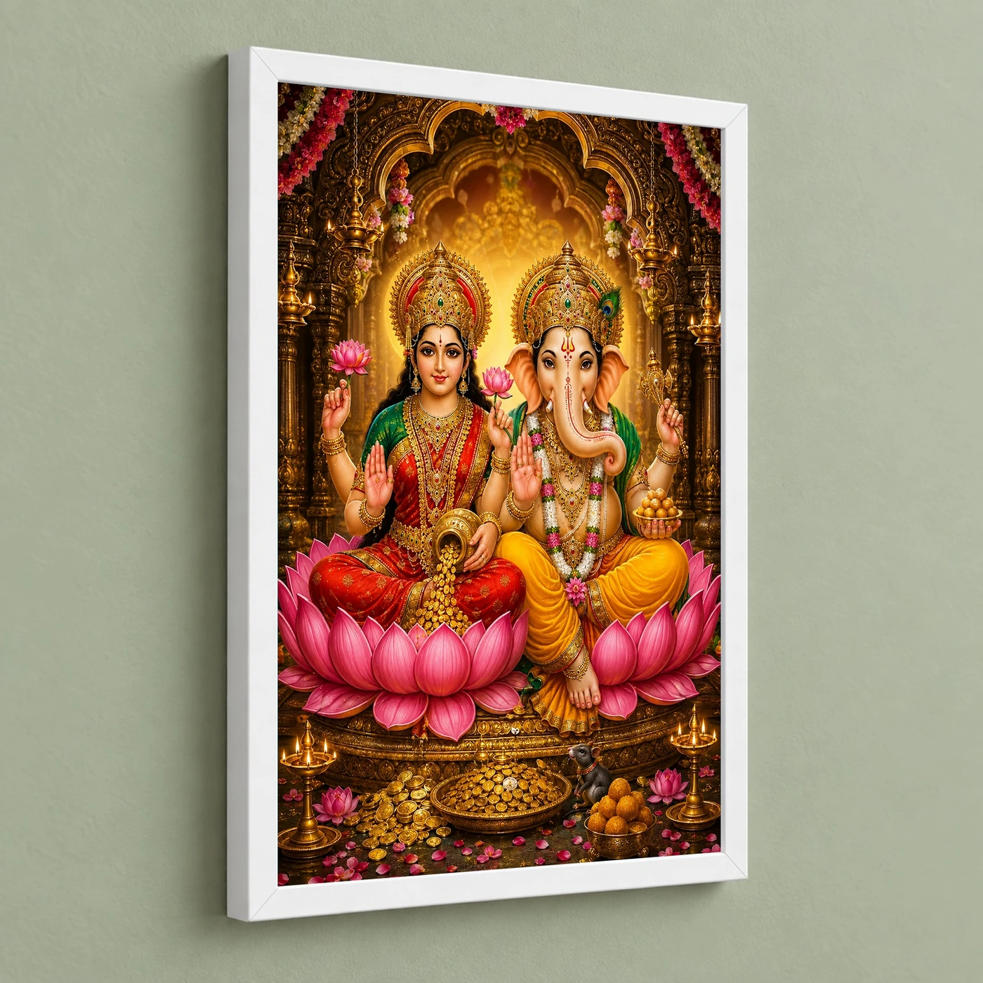 Lakshmi Ganesha Peaceful Home Mandir Composition Photo Frame 5 Lakshmi Ganesha Peaceful Home Mandir Composition Photo Frame — white frame angled wall