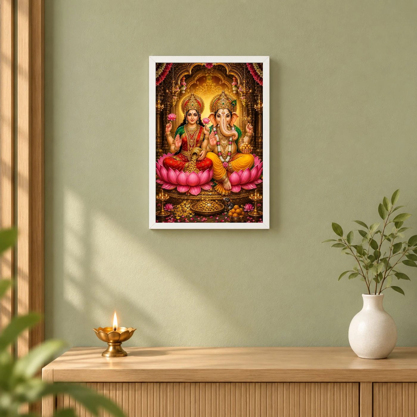 Lakshmi Ganesha Peaceful Home Mandir Composition Photo Frame 6 Lakshmi Ganesha Peaceful Home Mandir Composition Photo Frame — white frame distant wall
