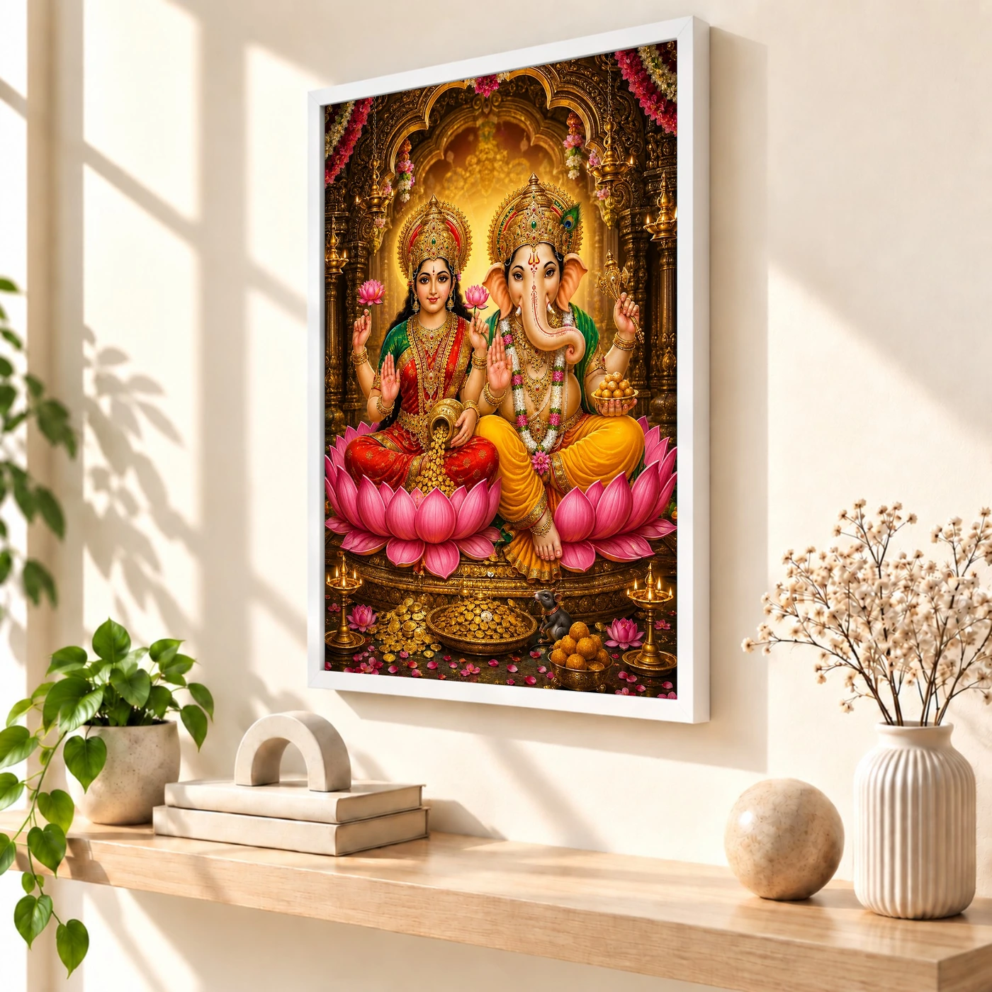 Lakshmi Ganesha Peaceful Home Mandir Composition Photo Frame 7 Lakshmi Ganesha Peaceful Home Mandir Composition Photo Frame — white frame warm console