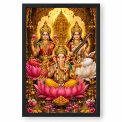 Lakshmi Saraswati Ganesha Ornate Golden Temple Darshan Photo Frame — black frame clean