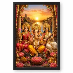 Lakshmi Saraswati Ganesha Serene Sunrise Blessing Photo Frame — black frame clean