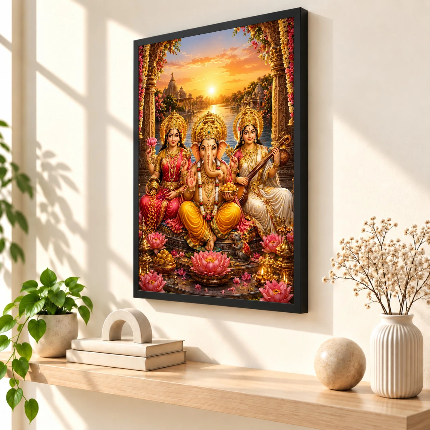 Lakshmi Saraswati Ganesha Serene Sunrise Blessing Photo Frame 2 Lakshmi Saraswati Ganesha Serene Sunrise Blessing Photo Frame — black frame console