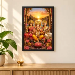 Lakshmi Saraswati Ganesha Serene Sunrise Blessing Photo Frame 11 Lakshmi Saraswati Ganesha Serene Sunrise Blessing Photo Frame — black frame pooja shelf