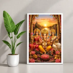 Lakshmi Saraswati Ganesha Serene Sunrise Blessing Photo Frame 12 Lakshmi Saraswati Ganesha Serene Sunrise Blessing Photo Frame — white frame console