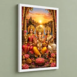 Lakshmi Saraswati Ganesha Serene Sunrise Blessing Photo Frame 13 Lakshmi Saraswati Ganesha Serene Sunrise Blessing Photo Frame — white frame angled wall