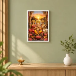Lakshmi Saraswati Ganesha Serene Sunrise Blessing Photo Frame 14 Lakshmi Saraswati Ganesha Serene Sunrise Blessing Photo Frame — white frame distant wall