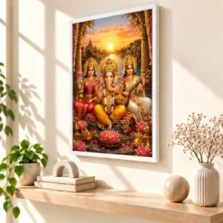 Lakshmi Saraswati Ganesha Serene Sunrise Blessing Photo Frame 15 Lakshmi Saraswati Ganesha Serene Sunrise Blessing Photo Frame — white frame warm console