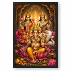 Lakshmi Saraswati Ganesha Royal Jewel-Toned Portrait Photo Frame — black frame clean