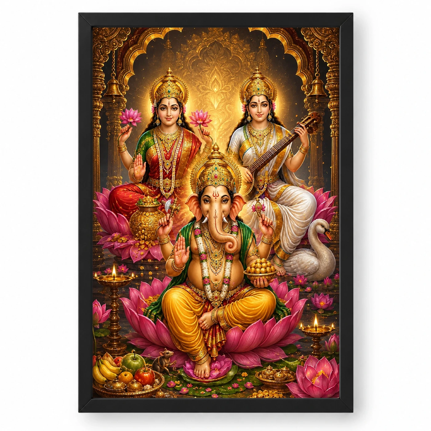 Lakshmi Saraswati Ganesha Royal Jewel-Toned Portrait Photo Frame 1 Lakshmi Saraswati Ganesha Royal Jewel-Toned Portrait Photo Frame — black frame clean
