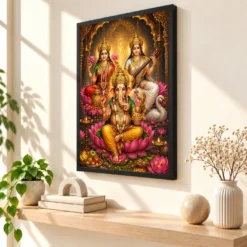 Lakshmi Saraswati Ganesha Royal Jewel-Toned Portrait Photo Frame — black frame console