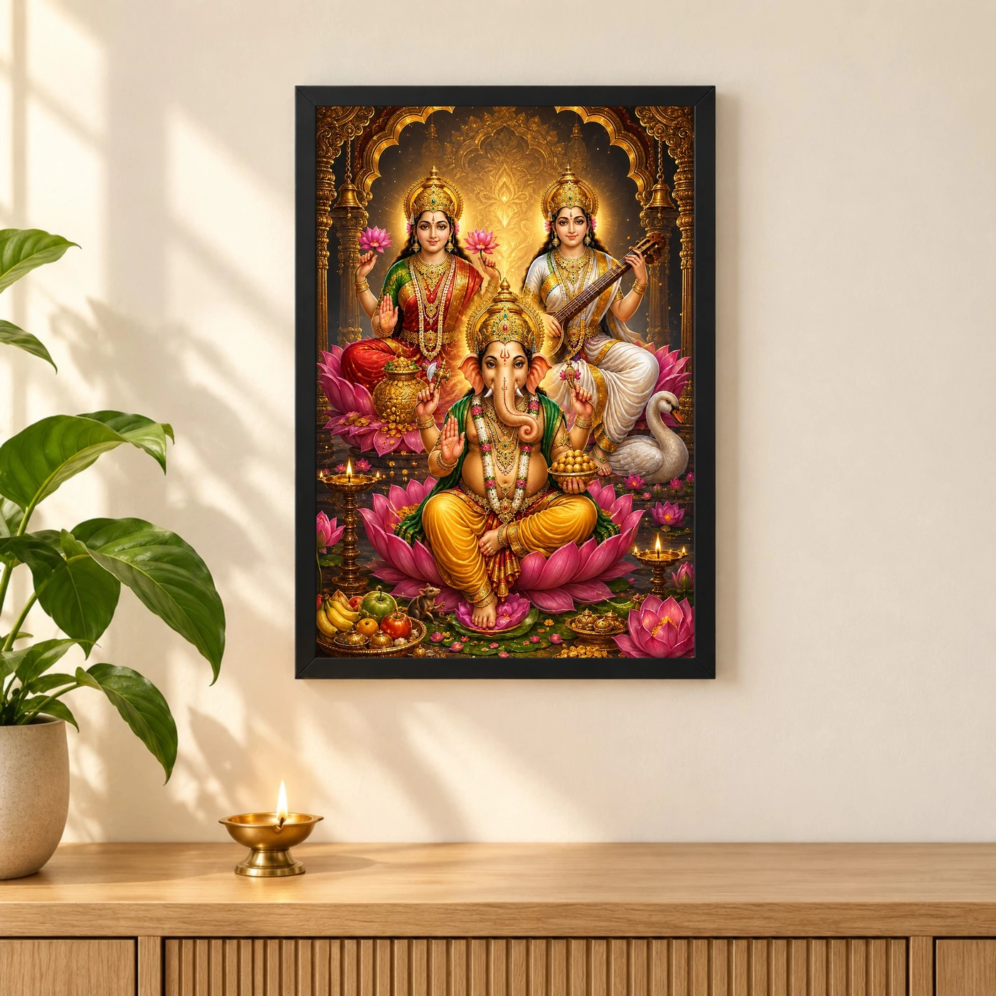 Lakshmi Saraswati Ganesha Royal Jewel-Toned Portrait Photo Frame 3 Lakshmi Saraswati Ganesha Royal Jewel-Toned Portrait Photo Frame — black frame pooja shelf