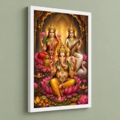 Lakshmi Saraswati Ganesha Royal Jewel-Toned Portrait Photo Frame 13 Lakshmi Saraswati Ganesha Royal Jewel-Toned Portrait Photo Frame — white frame angled wall