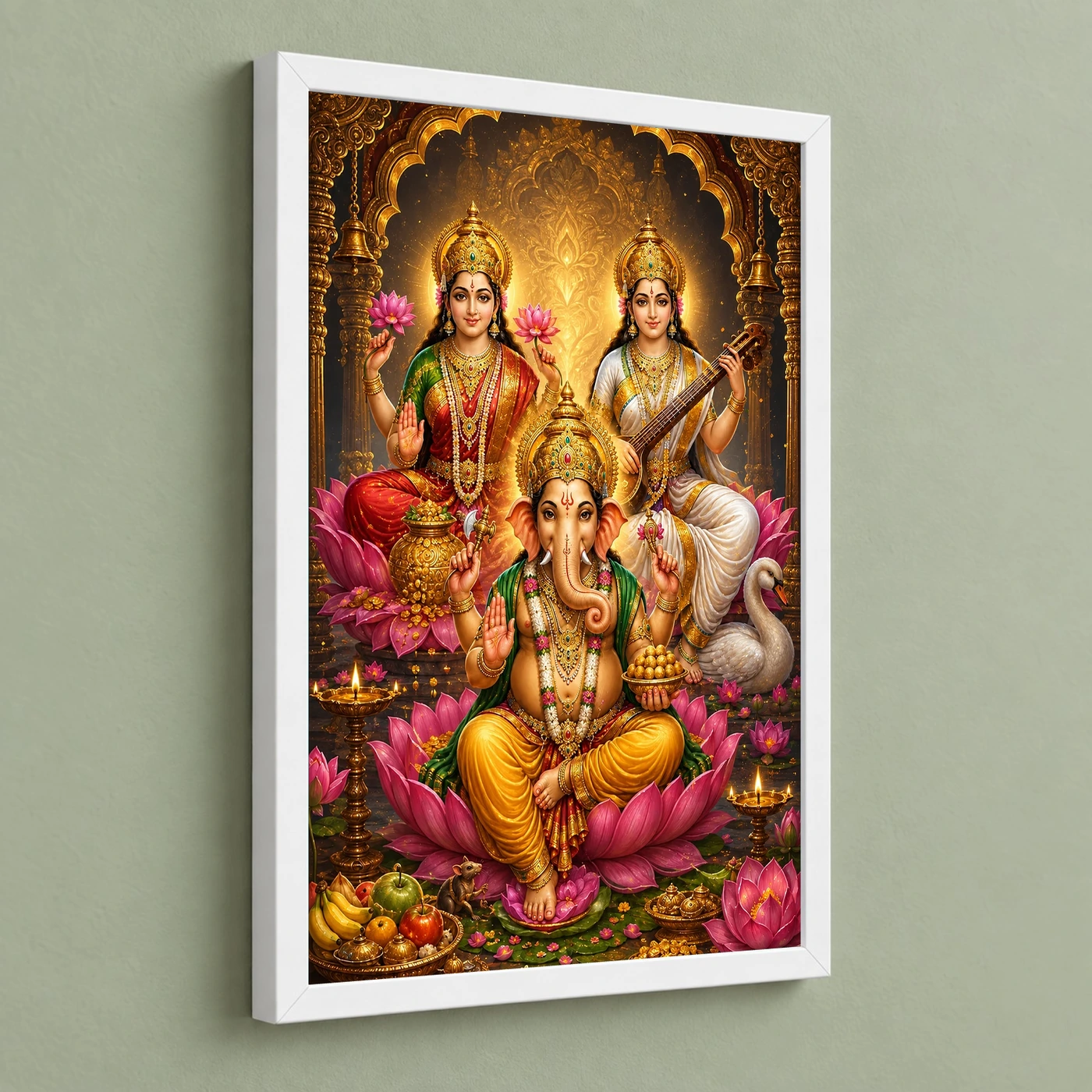 Lakshmi Saraswati Ganesha Royal Jewel-Toned Portrait Photo Frame 5 Lakshmi Saraswati Ganesha Royal Jewel-Toned Portrait Photo Frame — white frame angled wall