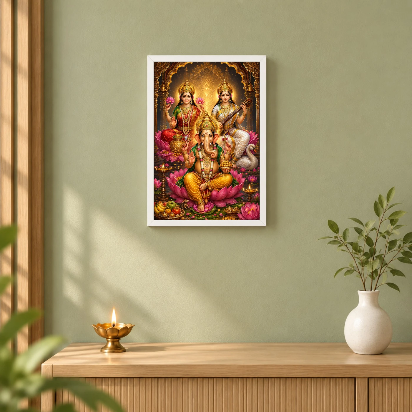 Lakshmi Saraswati Ganesha Royal Jewel-Toned Portrait Photo Frame 6 Lakshmi Saraswati Ganesha Royal Jewel-Toned Portrait Photo Frame — white frame distant wall