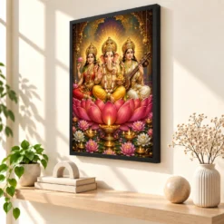 Lakshmi Saraswati Ganesha Lotus And Diya Radiance Photo Frame — black frame console