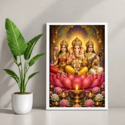 Lakshmi Saraswati Ganesha Lotus And Diya Radiance Photo Frame — white frame console