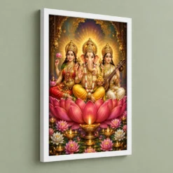 Lakshmi Saraswati Ganesha Lotus And Diya Radiance Photo Frame — white frame angled wall