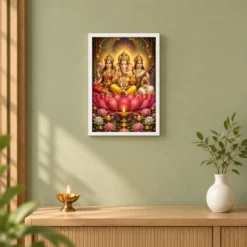 Lakshmi Saraswati Ganesha Lotus And Diya Radiance Photo Frame — white frame distant wall