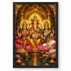 Lakshmi Saraswati Ganesha Traditional Indian Miniature-Inspired Devotional Art Photo Frame — black frame clean