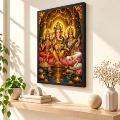 Lakshmi Saraswati Ganesha Traditional Indian Miniature-Inspired Devotional Art Photo Frame — black frame console