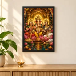 Lakshmi Saraswati Ganesha Traditional Indian Miniature-Inspired Devotional Art Photo Frame — black frame pooja shelf