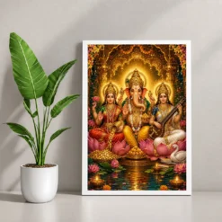 Lakshmi Saraswati Ganesha Traditional Indian Miniature-Inspired Devotional Art Photo Frame — white frame console