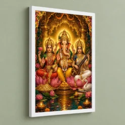 Lakshmi Saraswati Ganesha Traditional Indian Miniature-Inspired Devotional Art Photo Frame — white frame angled wall