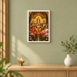 Lakshmi Saraswati Ganesha Traditional Indian Miniature-Inspired Devotional Art Photo Frame — white frame distant wall