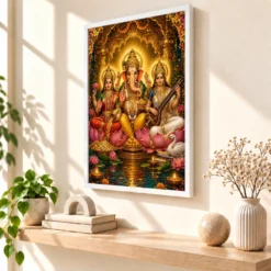 Lakshmi Saraswati Ganesha Traditional Indian Miniature-Inspired Devotional Art Photo Frame — white frame warm console