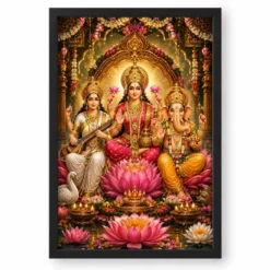 Lakshmi Saraswati Ganesha Grand Festival Flower Decoration Photo Frame — black frame clean