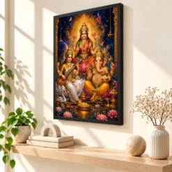 Lakshmi Saraswati Ganesha Cosmic Celestial Aura Photo Frame — black frame console