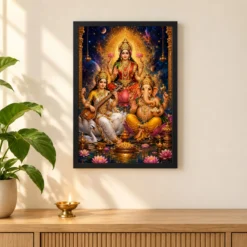 Lakshmi Saraswati Ganesha Cosmic Celestial Aura Photo Frame 11 Lakshmi Saraswati Ganesha Cosmic Celestial Aura Photo Frame — black frame pooja shelf