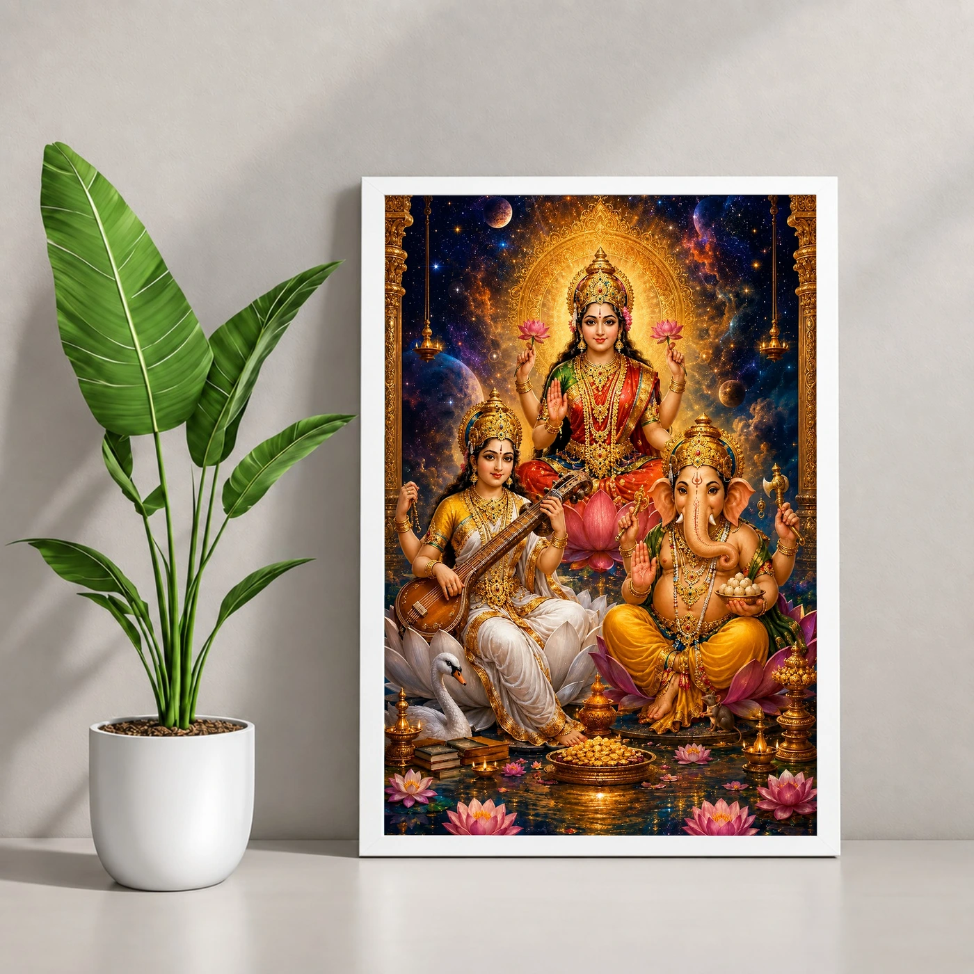 Lakshmi Saraswati Ganesha Cosmic Celestial Aura Photo Frame 4 Lakshmi Saraswati Ganesha Cosmic Celestial Aura Photo Frame — white frame console