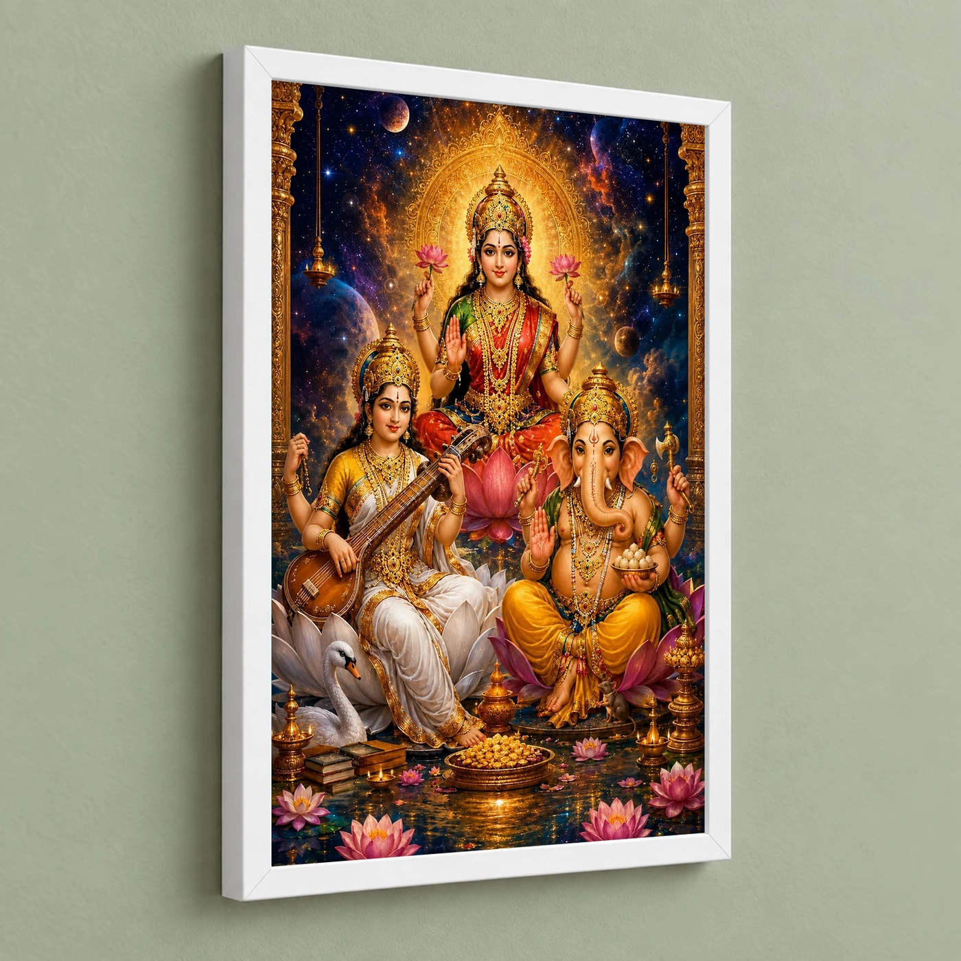 Lakshmi Saraswati Ganesha Cosmic Celestial Aura Photo Frame 5 Lakshmi Saraswati Ganesha Cosmic Celestial Aura Photo Frame — white frame angled wall
