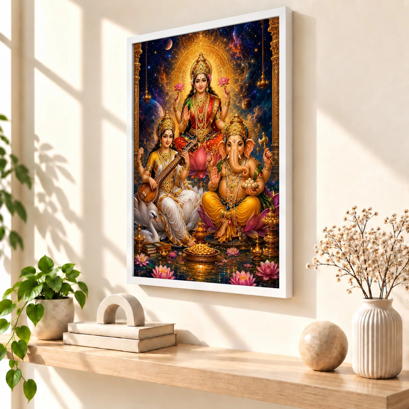 Lakshmi Saraswati Ganesha Cosmic Celestial Aura Photo Frame 7 Lakshmi Saraswati Ganesha Cosmic Celestial Aura Photo Frame — white frame warm console