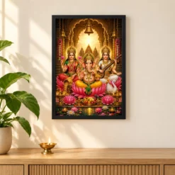 Lakshmi Saraswati Ganesha Heritage Temple Architecture Backdrop Photo Frame 11 Lakshmi Saraswati Ganesha Heritage Temple Architecture Backdrop Photo Frame — black frame pooja shelf