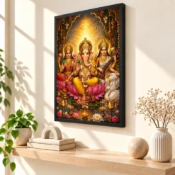 Lakshmi Saraswati Ganesha Vivid Premium Spiritual Poster Art Photo Frame — black frame console
