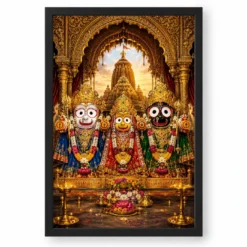 Jagannath Trinity Ornate Golden Temple Darshan Photo Frame — black frame clean