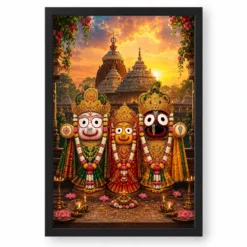 Jagannath Trinity Serene Sunrise Blessing Photo Frame — black frame clean