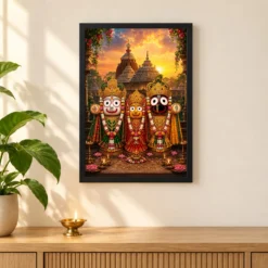 Jagannath Trinity Serene Sunrise Blessing Photo Frame — black frame pooja shelf