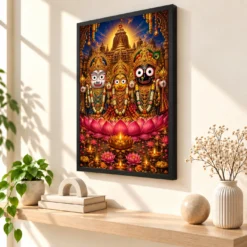 Jagannath Trinity Lotus And Diya Radiance Photo Frame — black frame console