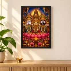 Jagannath Trinity Lotus And Diya Radiance Photo Frame — black frame pooja shelf