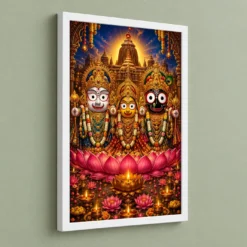 Jagannath Trinity Lotus And Diya Radiance Photo Frame — white frame angled wall