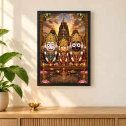 Jagannath Trinity Traditional Indian Miniature-Inspired Devotional Art Photo Frame 11 Jagannath Trinity Traditional Indian Miniature-Inspired Devotional Art Photo Frame — black frame pooja shelf