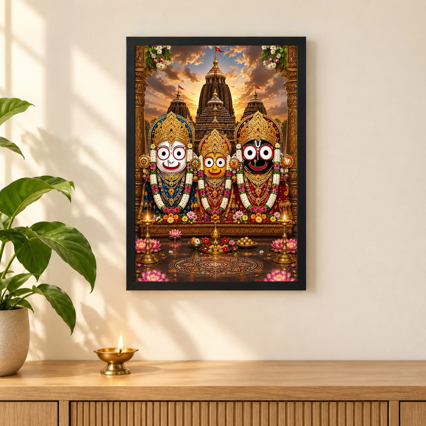 Jagannath Trinity Traditional Indian Miniature-Inspired Devotional Art Photo Frame 3 Jagannath Trinity Traditional Indian Miniature-Inspired Devotional Art Photo Frame — black frame pooja shelf