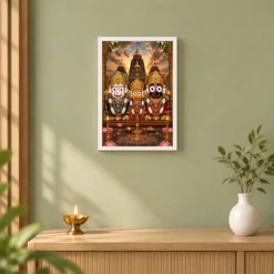 Jagannath Trinity Traditional Indian Miniature-Inspired Devotional Art Photo Frame 14 Jagannath Trinity Traditional Indian Miniature-Inspired Devotional Art Photo Frame — white frame distant wall
